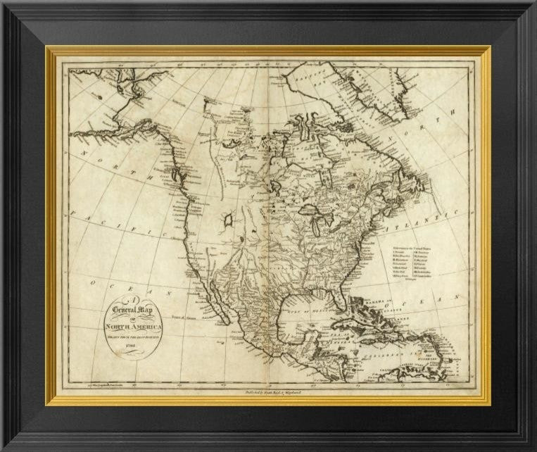 "Map of North America, 1796" Framed Canvas Giclee by John Reid, 20x17"