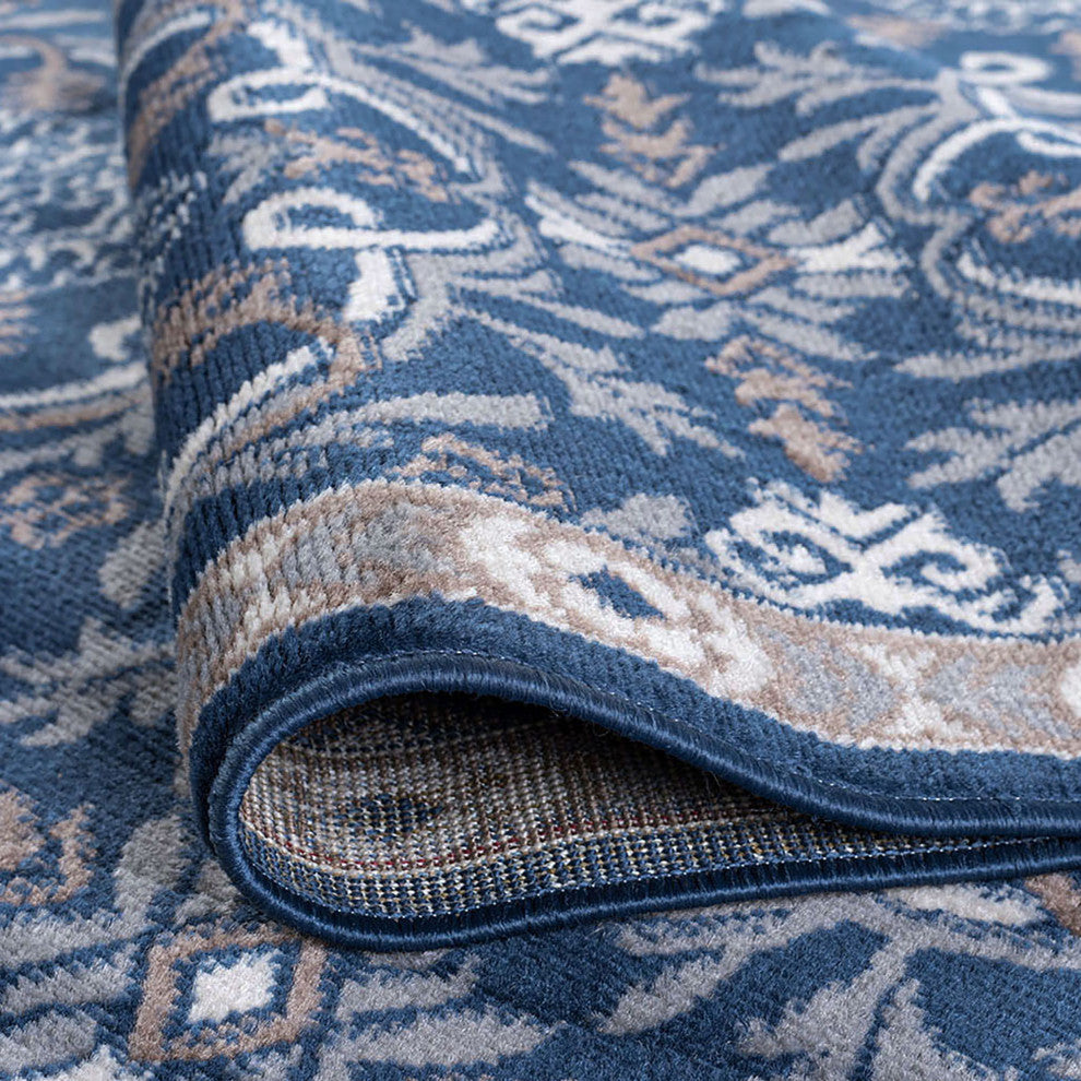 Izel Traditional Brocade Area Rug, Navy, 8'x10'