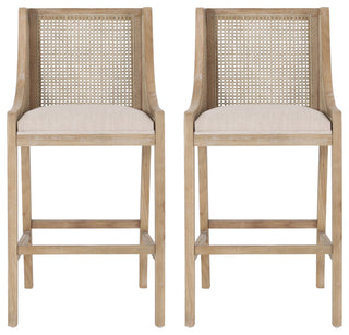 Oneida Rustic Fabric Upholstered Wood and Cane 30 inch Barstools, Set of 2, Beige