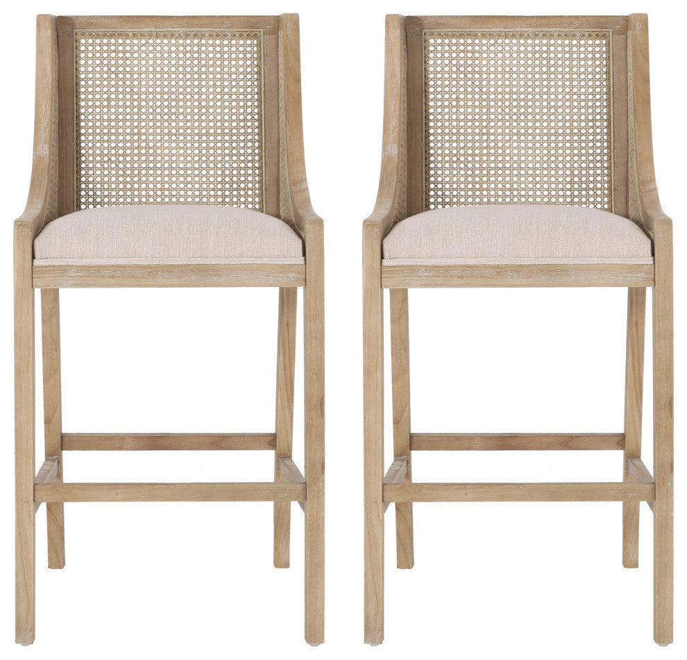 Oneida Rustic Fabric Upholstered Wood and Cane 30 inch Barstools, Set of 2, Beige