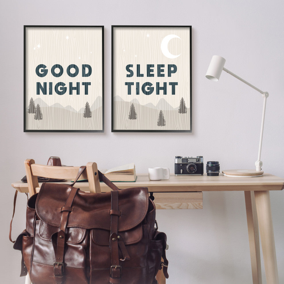Good Night Sleep Tight Phrase Mountain Landscape Illustration, 2pc, each 24 x 30