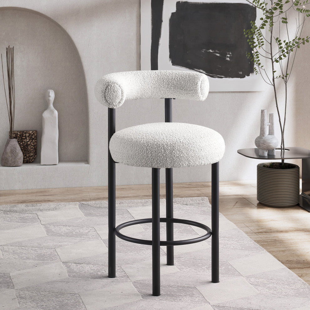 Bordeaux Upholstered Stool, Cream, Boucle Fabric, Matte Black, Set of 2