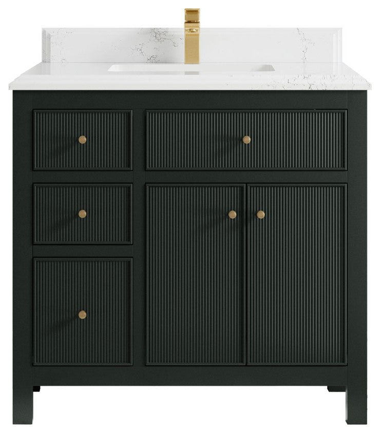 Sonoma 36 Center Sink Reeded Bath Vanity in Dark Forest Green 1.5" Empira Quartz