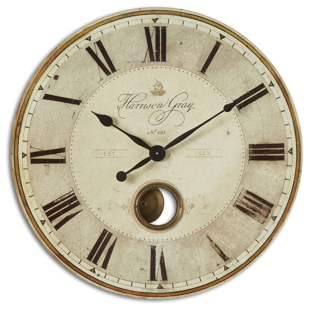 Large Gray Pendulum Wall Clock Roman Numerals 30", Brass Exposed Traditional