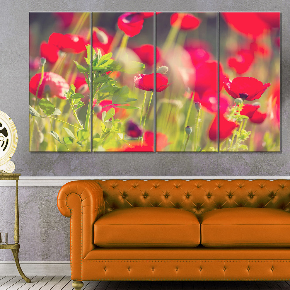 Red Poppies on Green Background, Large Flower Canvas Print, 48"x28", 4 Panels