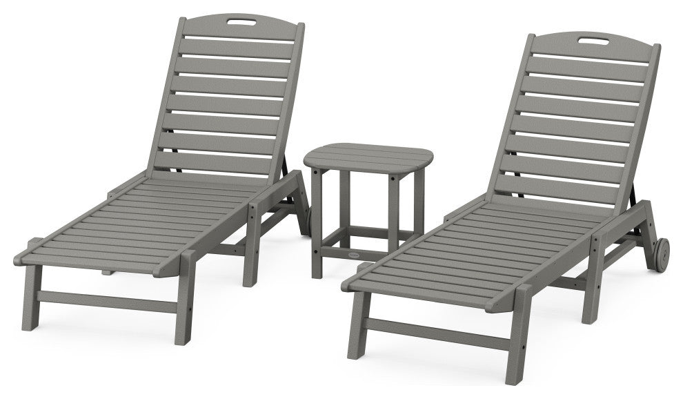 Nautical 3-Piece Chaise Lounge, Wheels Set, 18" Side Table, Slate Grey