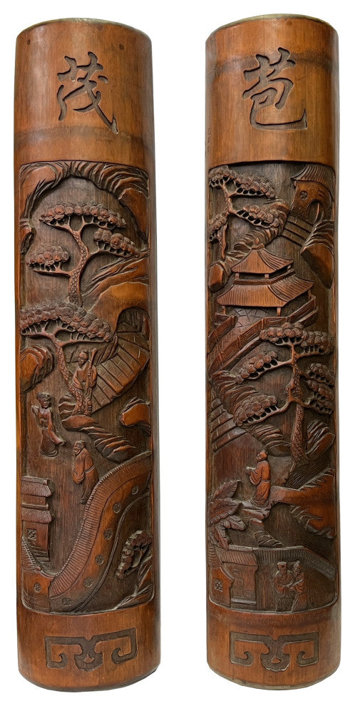 Pair Hand Carved Chinese Bamboo Calligraphy Landscape Panel Hws3048