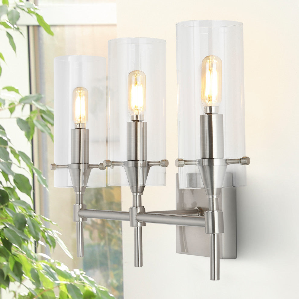 Cato 21.25" 3-Light Modern Minimalist Iron/Glass LED Vanity, Nickel/Clear