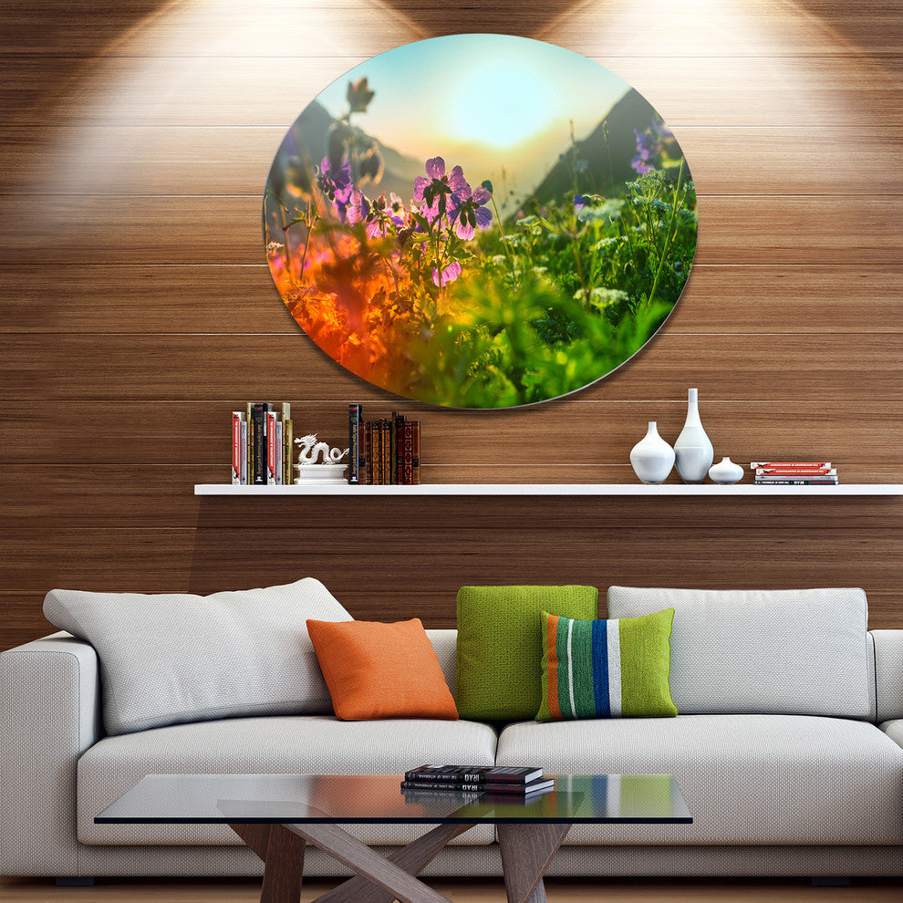 Multicolor Mountains Meadow View, Modern Flower Disc Metal Artwork, 36"