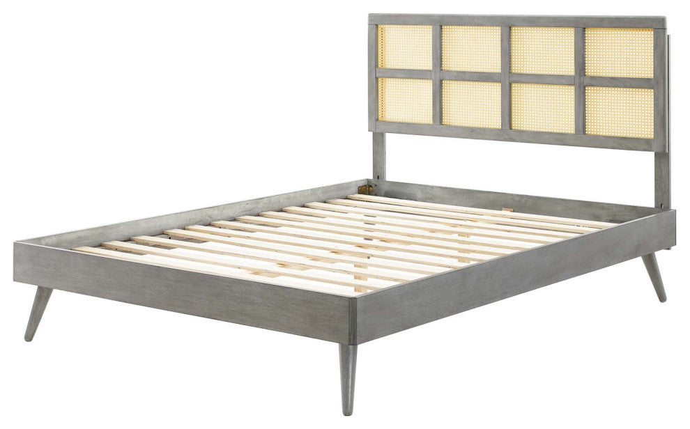 Platform Bed Frame, Full Size, Wood, Gray, Modern Mid-Century, Bedroom