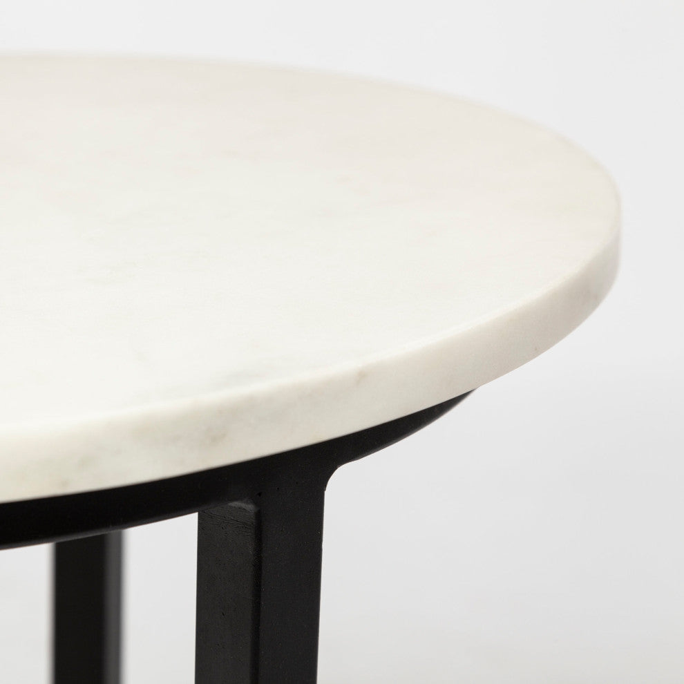 Bombola White Marble w/Black Metal Frame Round Accent Table, Small