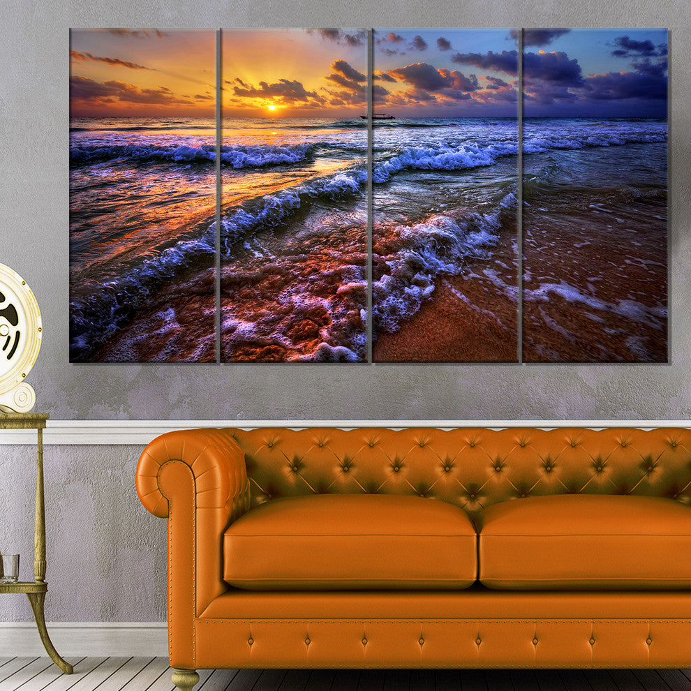 Sunset over Blue Tinged Waves, Seashore Photo Canvas Print, 48"x28", 4 Panels