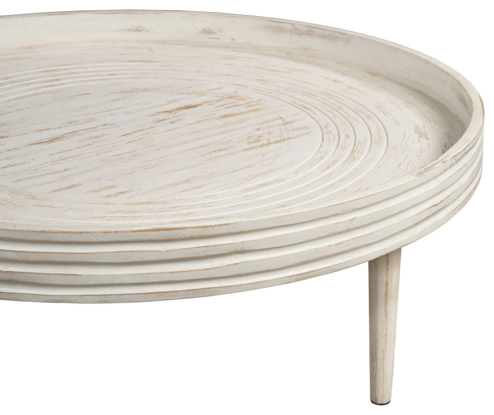 33" Coffee Table Mango Wood Round Top Grooved Edge Distressed White Finish