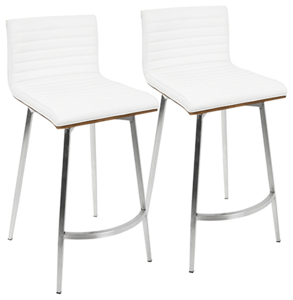 Mason Swivel Counter Stool, Set of 2, Stainless Steel/White PU/Walnut Wood