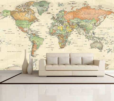 World Political Map Wall Decal, Antique Oceans -53"x36"