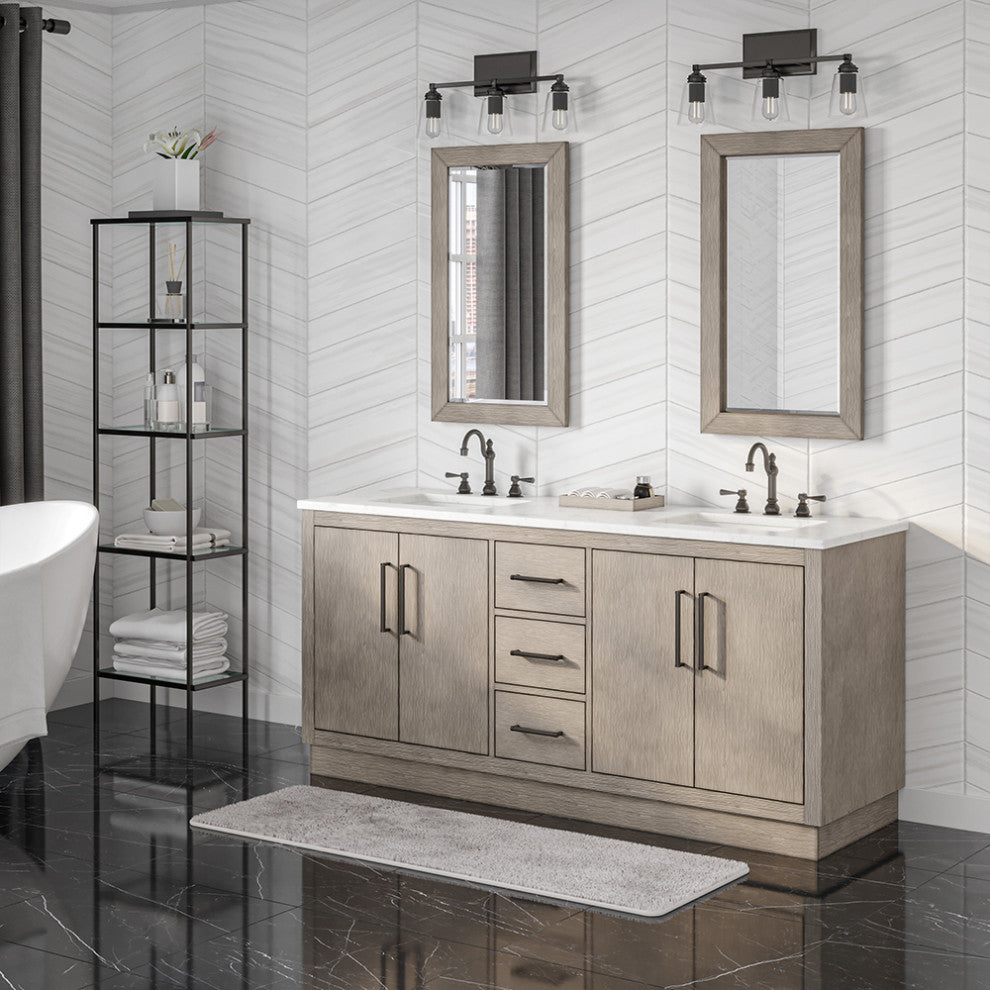 Hugo Carrara White Marble Countertop Bathroom Vanity in Grey Oak, Bronze Handle, 72", Vanity With Hook Faucet