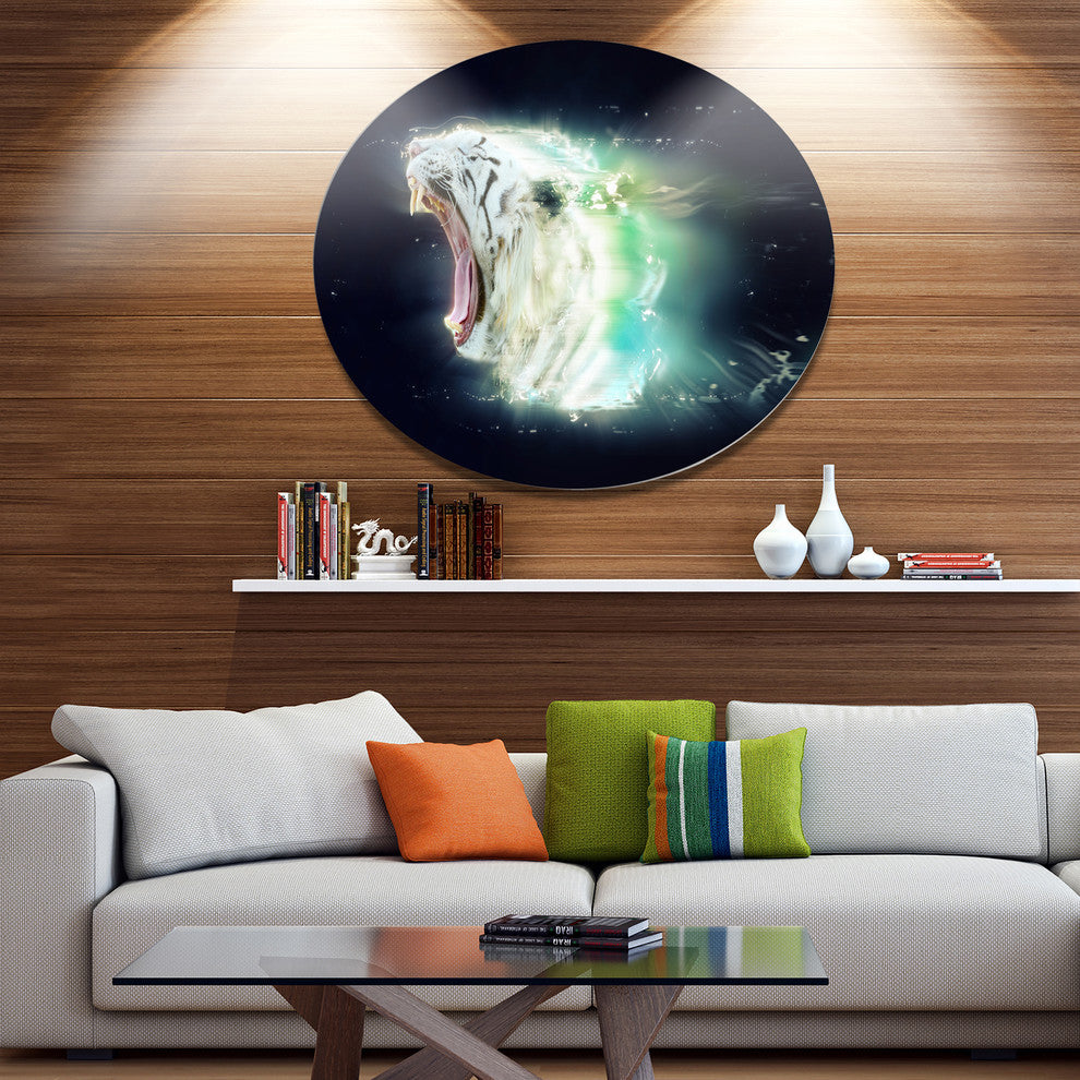 White Tiger With Open Jaws, Animal Disc Metal Wall Art, 36"