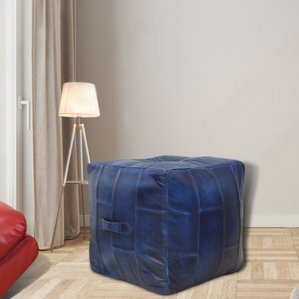 Geometric Handmade Leather Pouf (Recycled Foam with Fibre Fill) Black, [Square]16x16x16