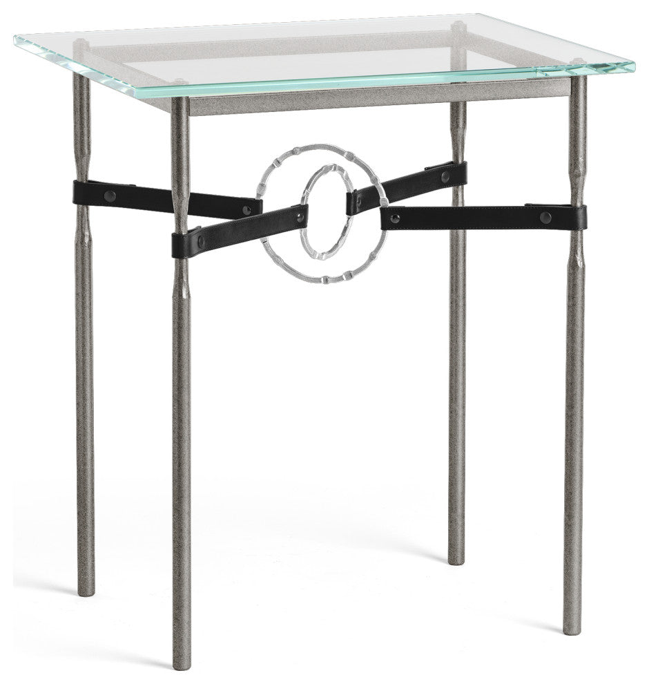 Equus Side Table, Natural Iron Finish, Sterling Accents, Black Leather Strap