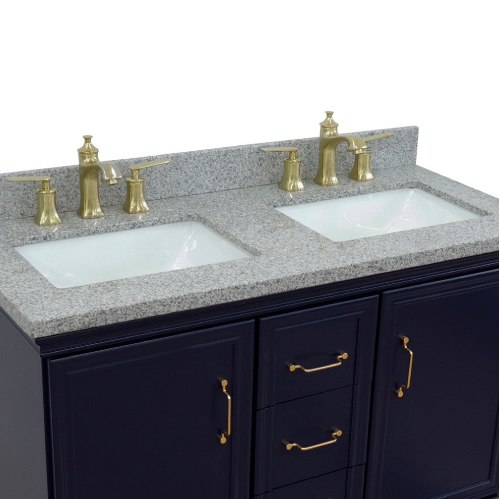 49" Double Vanity, Blue Finish With Gray Granite And Rectangle Sink
