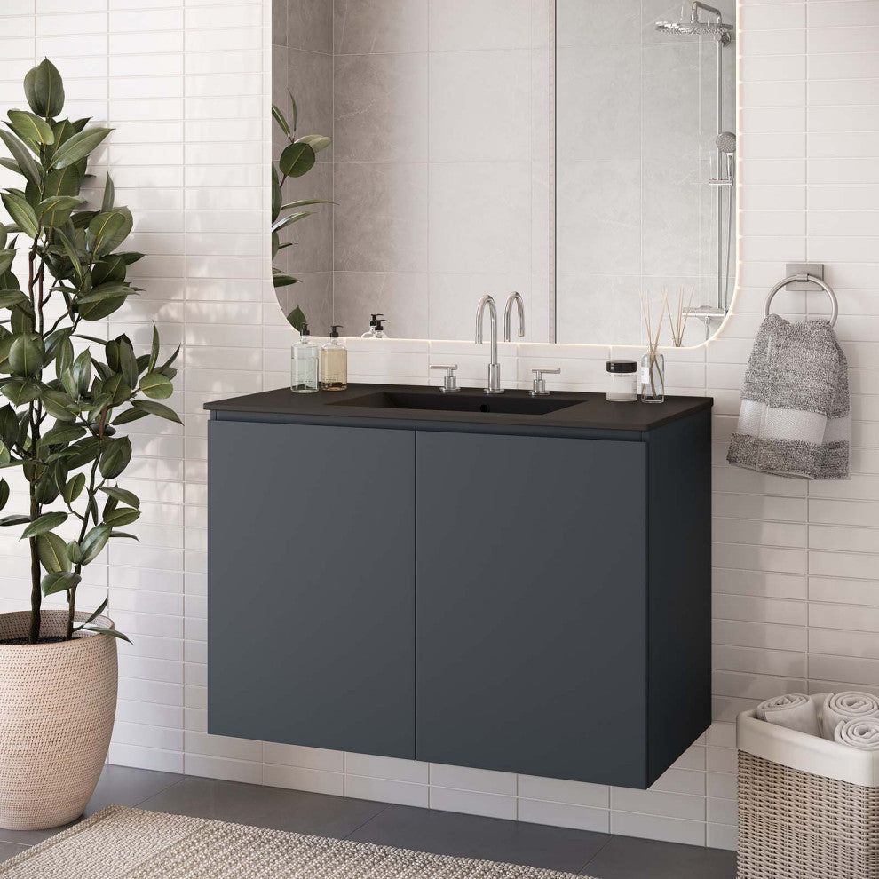 Sink Vanity Cabinet, Wall Mount, Gray Black, Ceramic, Modern, Bathroom
