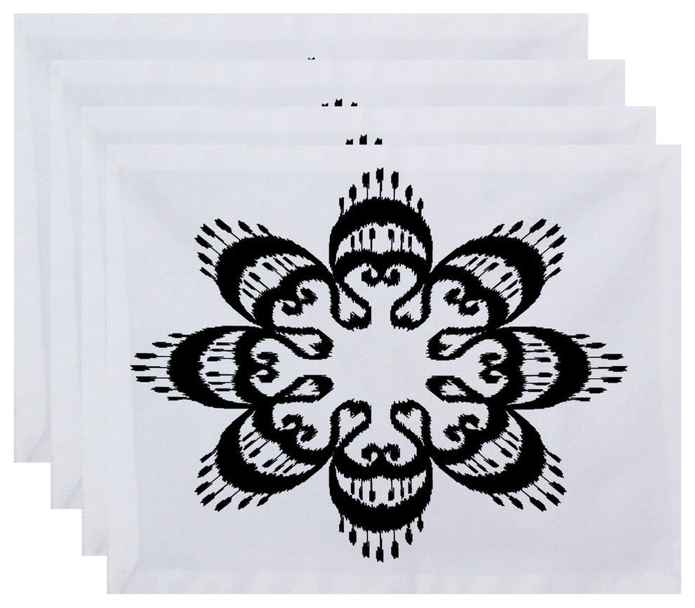 18"x14" Ikat Mandala, Geometric Print Placemat, Black, Set of 4