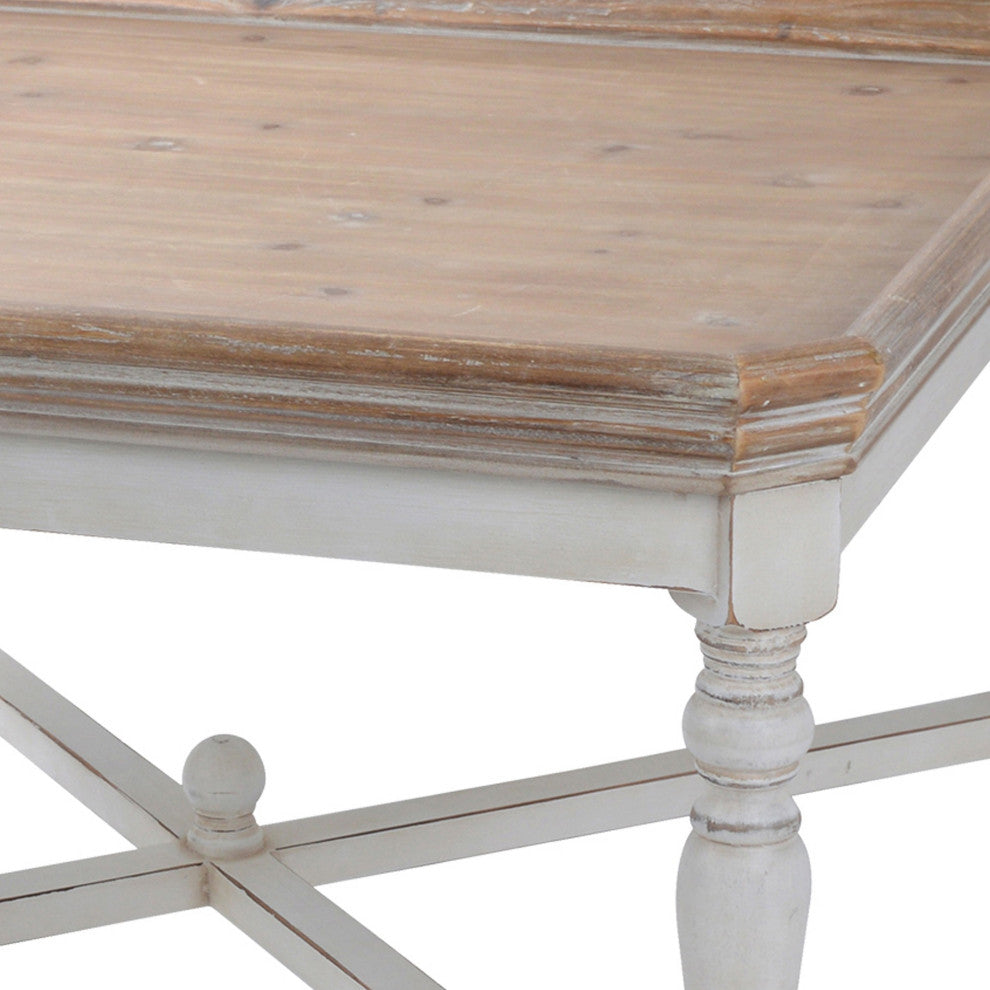 Benzara BM285220 33" Coffee Table, Tray Top, Rustic Fir Wood, Antique White