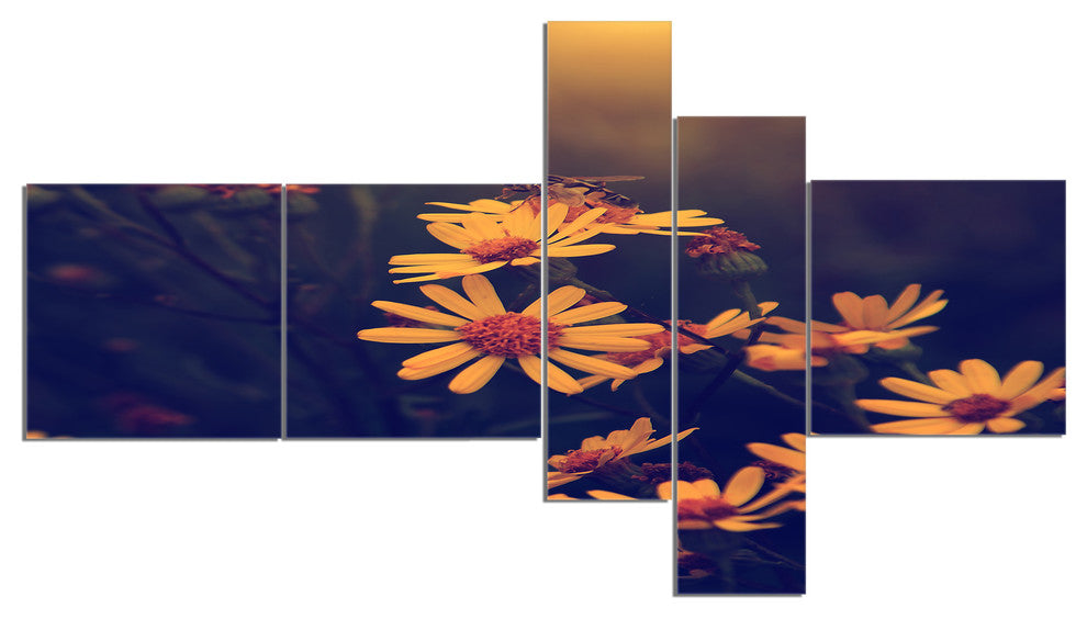 Vintage White Wild Flowers and Bee, Floral Canvas Print, 60"x32", 5 panels