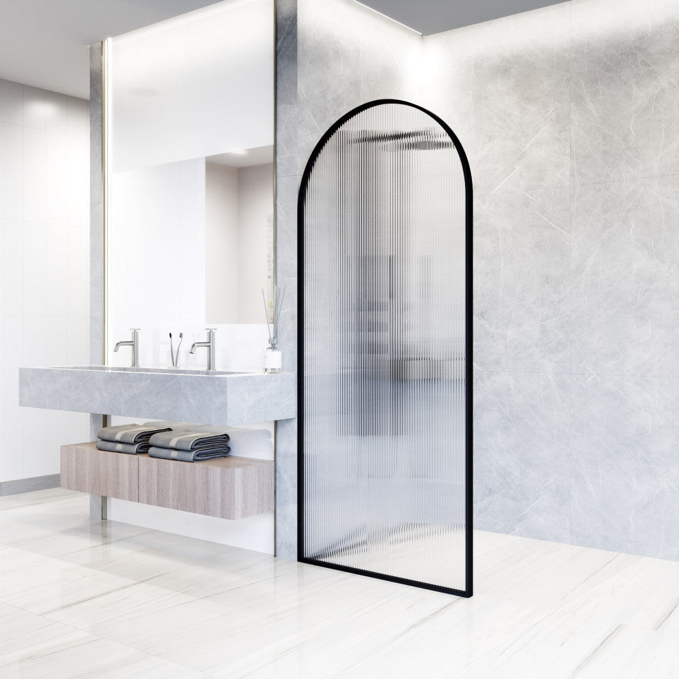 VIGO Arden 34" W x 78" H Framed Fixed Shower Screen, Matte Black, Fluted Glass