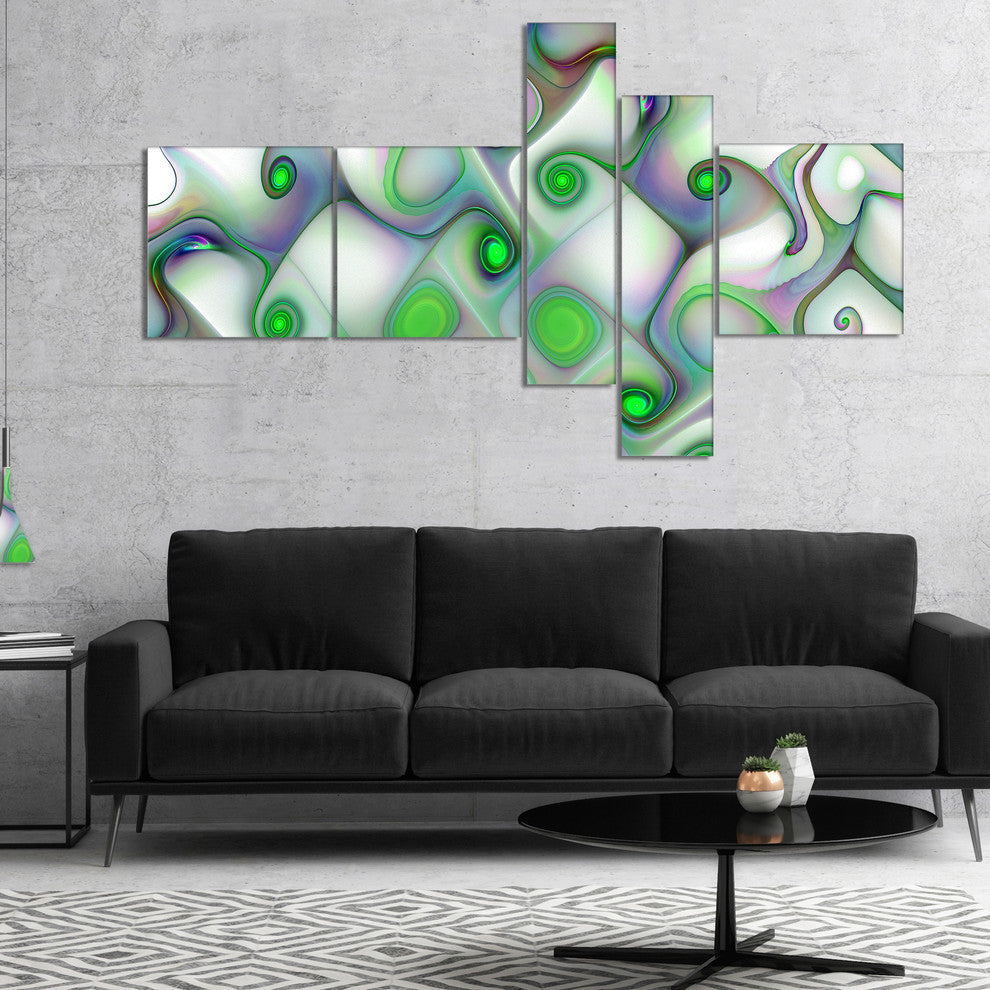 White Green Pattern with Swirls, Abstract Wall Art Canvas, 60"x32", 5 panels