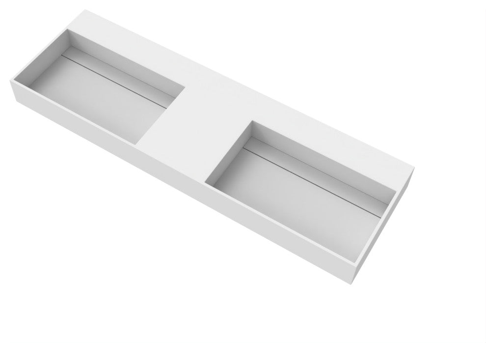 CastelloUSA Juniper Wall Mounted Countertop Concealed Drain Basin Sink, White, 60, Double Basin, No Faucet Hole