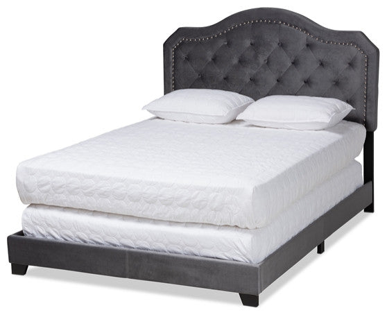 Modern Grey Velvet Fabric Upholstered Queen Size Button Tufted Bed