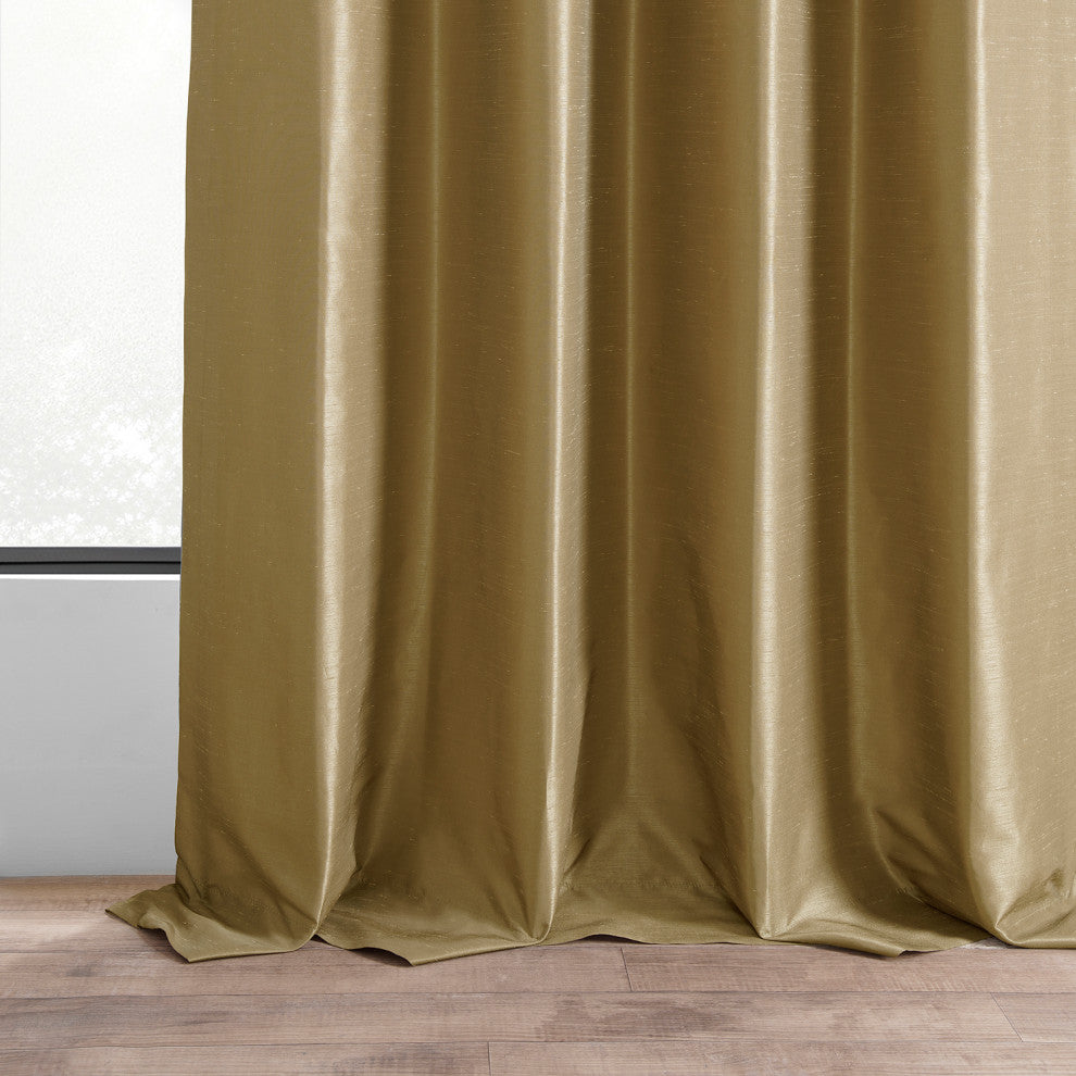 Ruched Vintage Faux Dupioni Silk Curtain Single Panel, Flax Gold, 50" X 84"