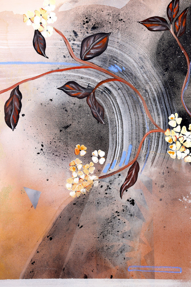 Abstract landscape painting, Beige brown painting, Black and white flower art