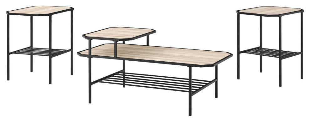 3 Piece Tiered Mixed Material Accent Table Set - Birch