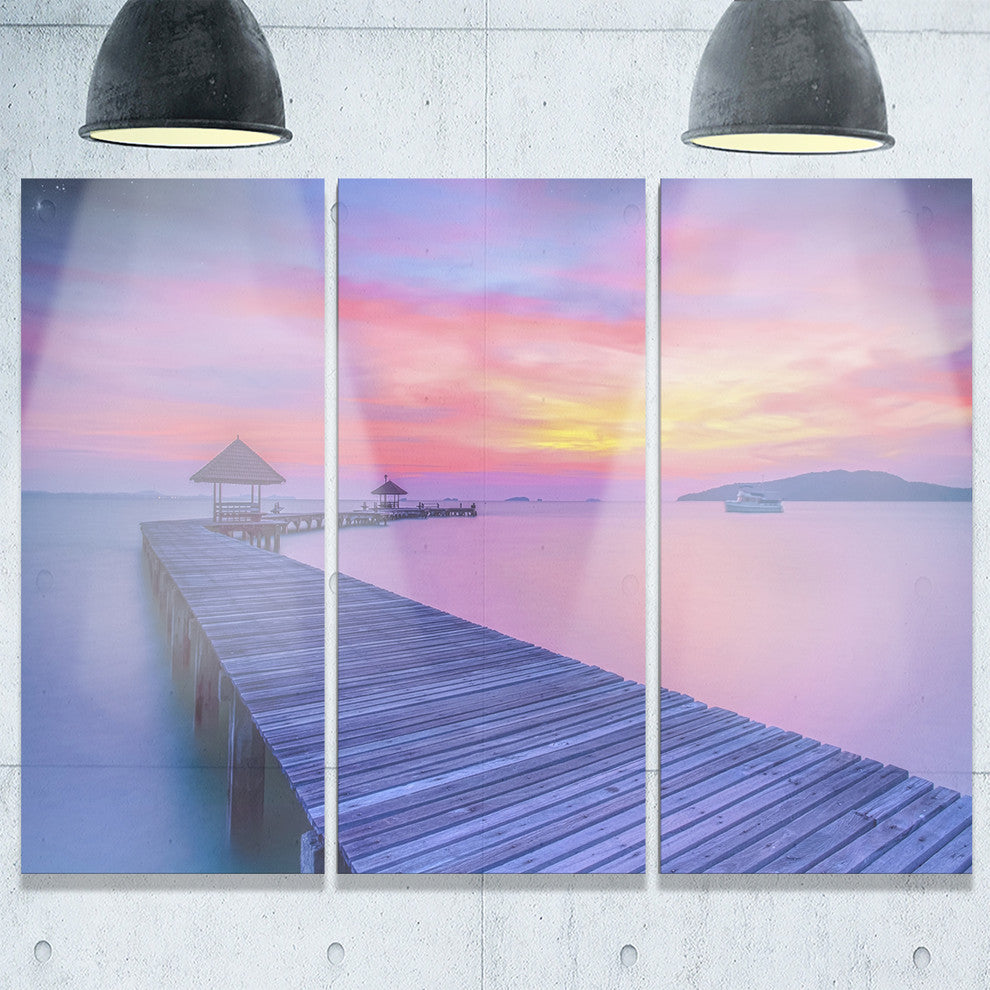 "Purple Tinged Wood Bridge and Beach" Sea PierMetal Wall Art, 3 Panels, 36"x28"