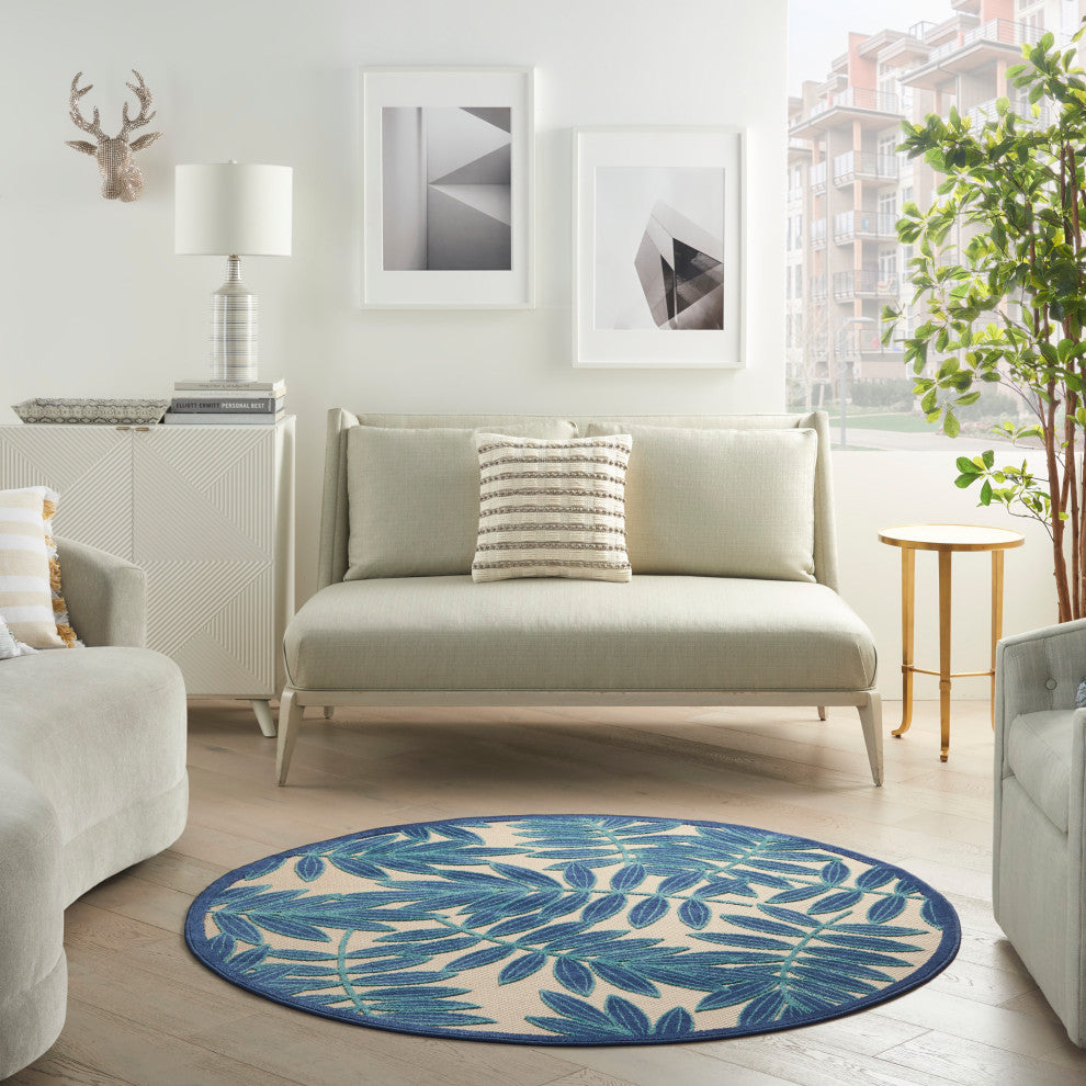 Nourison Aloha 4' x Round Navy Tropical Area Rug