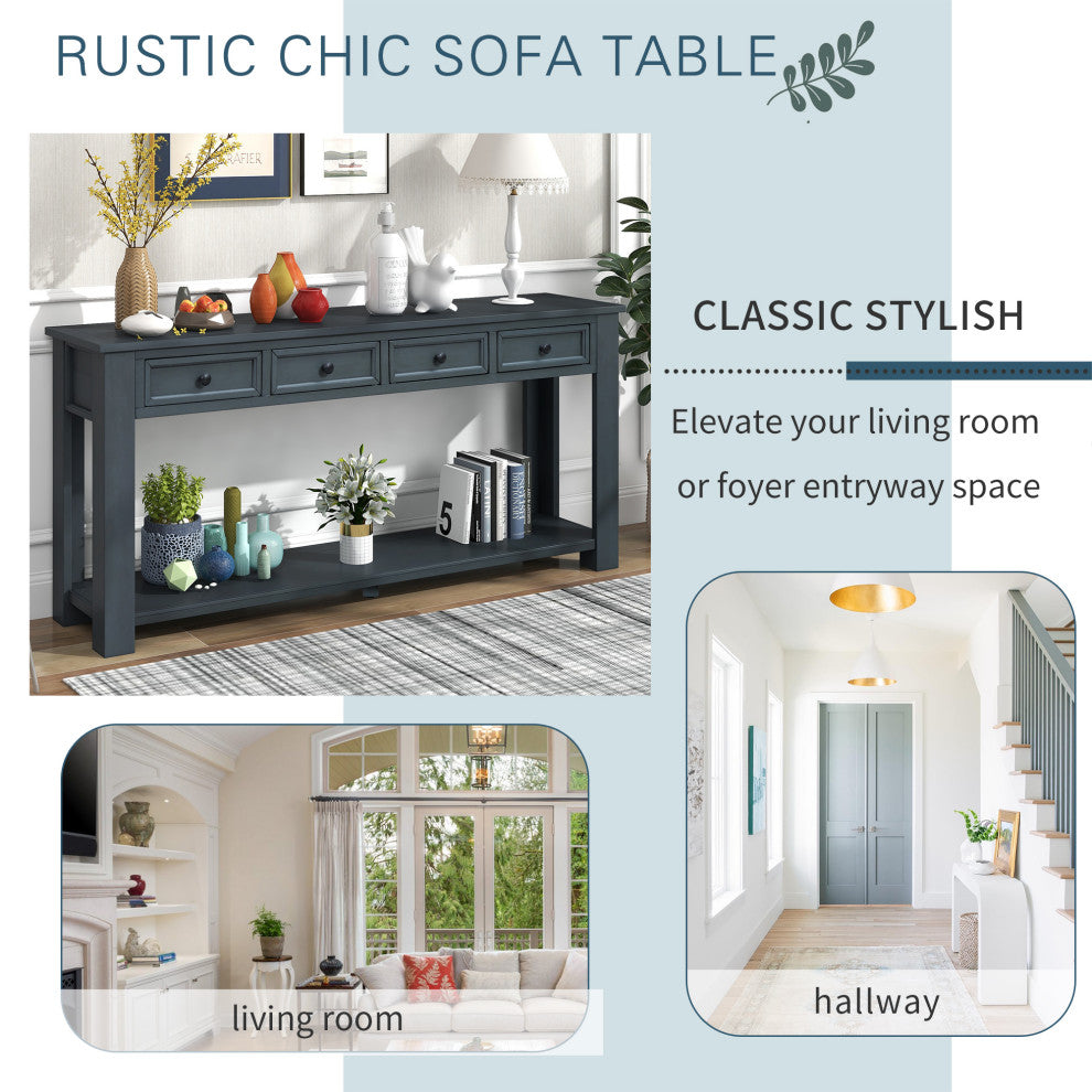 63"x30" Rustic Chic Console Table with Drawers and Shelf for Entryway Hallway, Navy