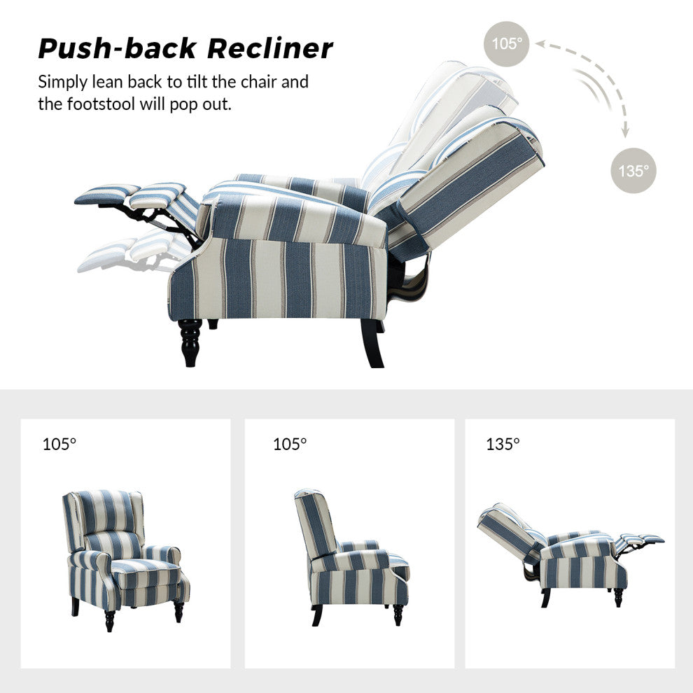 Modern Push-Back Plaid Recliner with Rolled Armrest, Stripe Navy