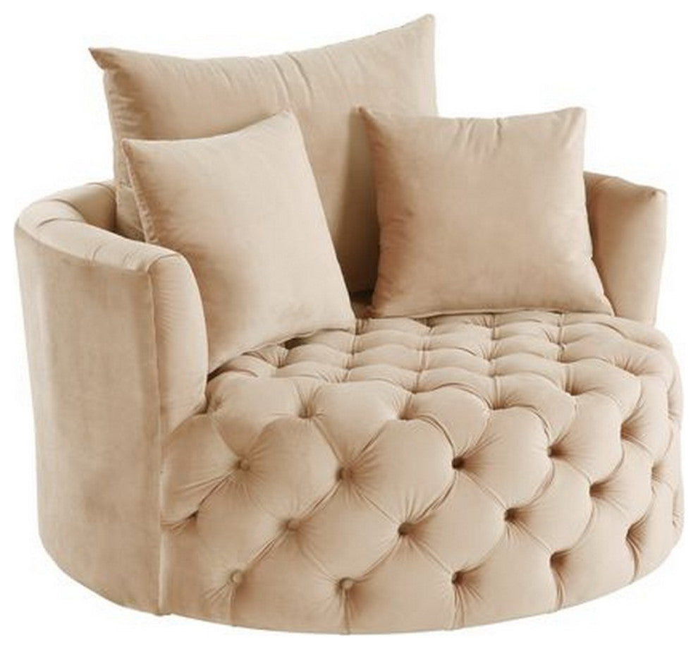Benzara BM262172 Swivel Accent Chair With Curved Design/Button Tufting, Beige
