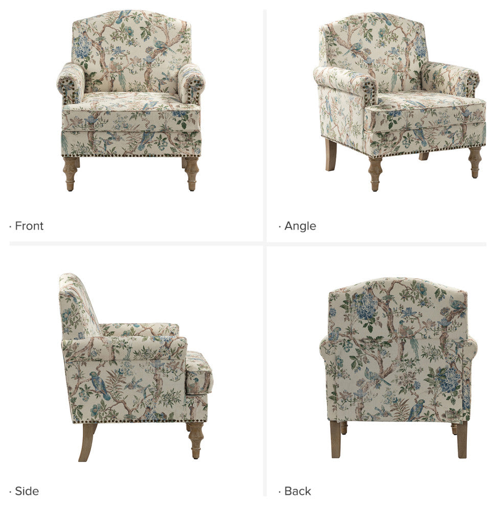 Lamber Wooden Upholstered Armchair With Camelback, Bird