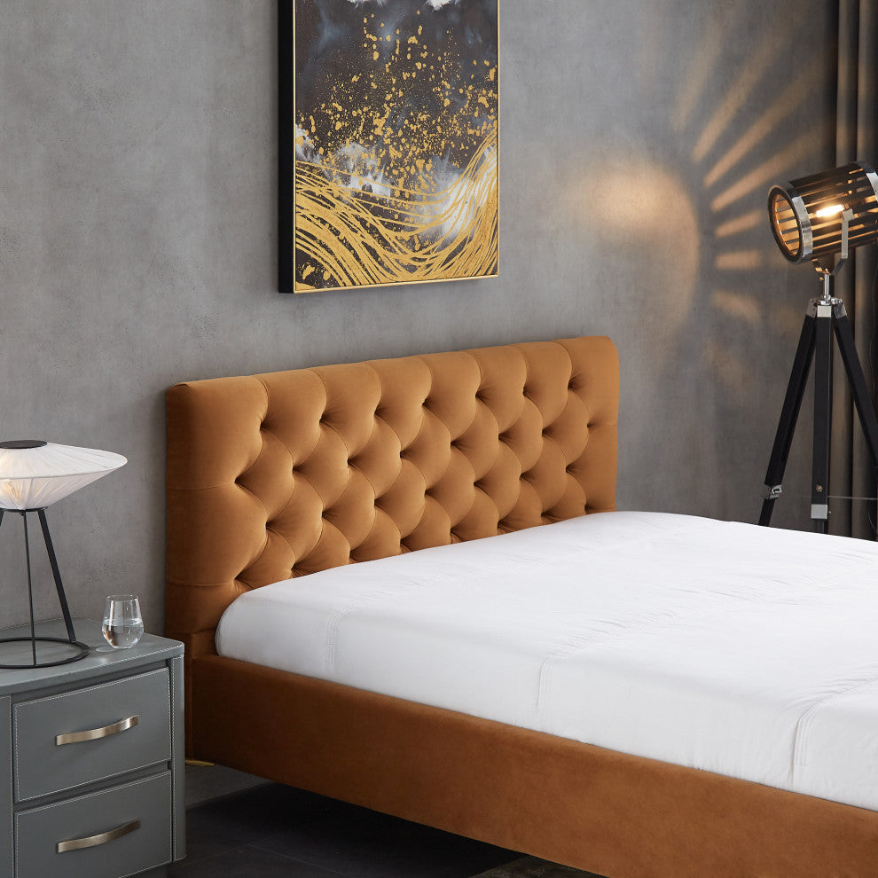 Beverly Mid-Century Modern Tufted Velvet Platform Bed, Queen