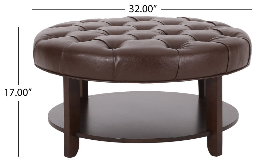 Baynes Faux Leather Tufted Wood Round Ottoman, Open Shelf, Dark Brown + Espresso