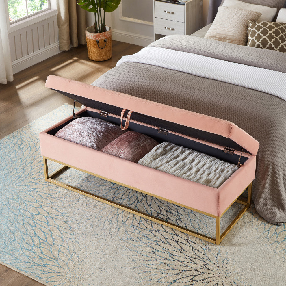 TATEUS Metal Base Bed Bench in Velvet Hidden Storage for Bedroom, Pink