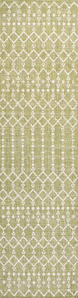 Ourika Moroccan Geometric Indoor/Outdoor Rug, Light Green/Cream, 2x8
