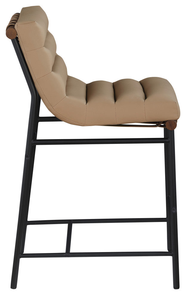 Burke Counter Stool, Tan, Vegan Leather, Walnut Veneer Metal Dowel