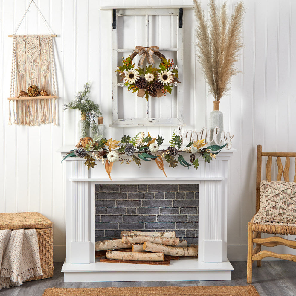 W1253 4 White Pumpkin, Pinecones and Berries Artificial Autumn Garland