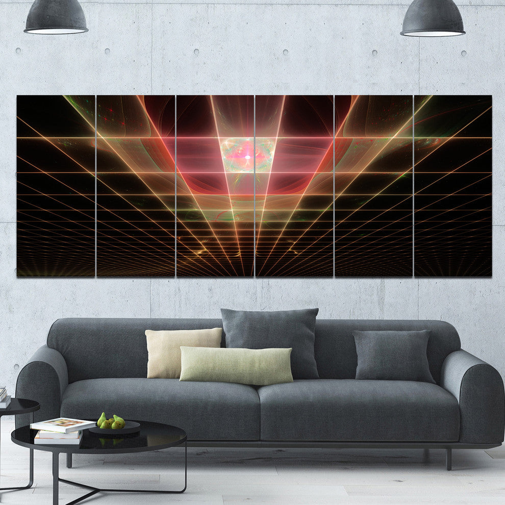 Pink on Black Laser Protective Grids, Abstract Canvas Print, 70"x28", 6 Panels