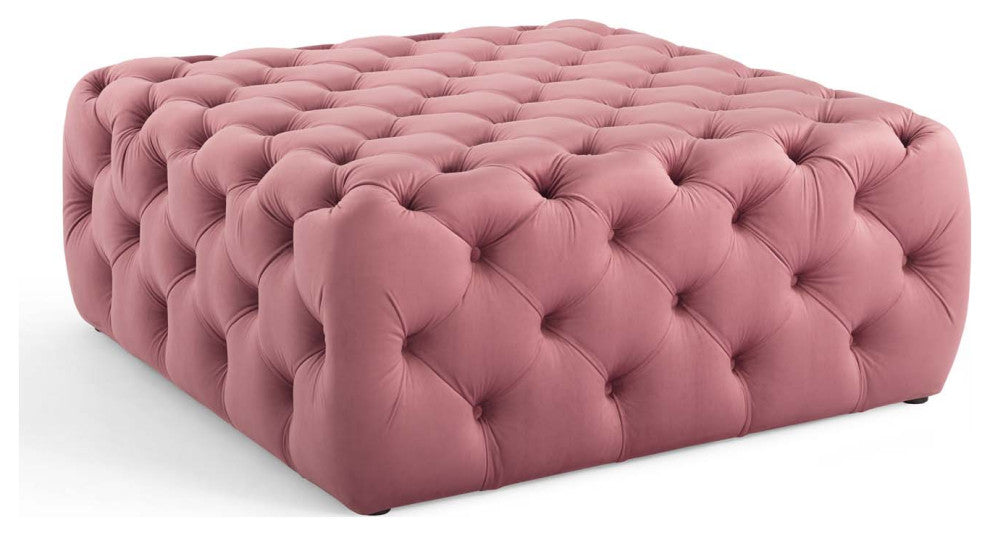 Tufted Accent Chair Ottoman, Square, Velvet, Pink, Modern, Lounge Hospitality