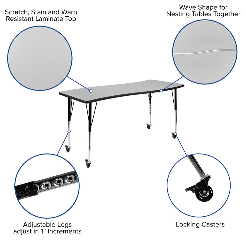 86" Oval Wave Flexible Laminate Activity Table Set 18" Student Stack Chairs Gray